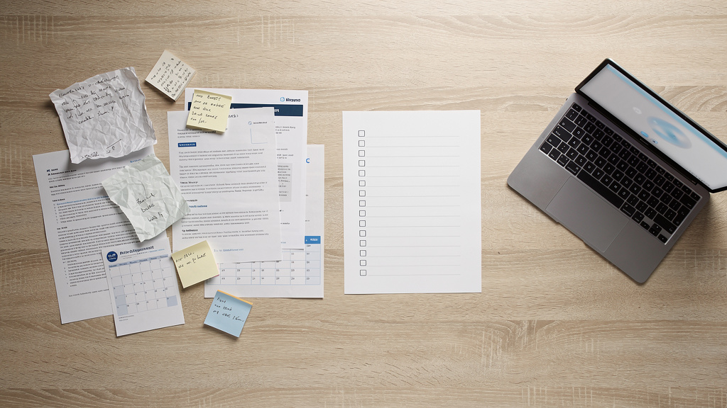 Source documents and rough notes organised into a clean confirmed checklist beside a laptop